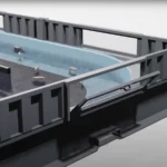 Computer generated image of a stackable shrimp aquaculture tray known as a raceway.