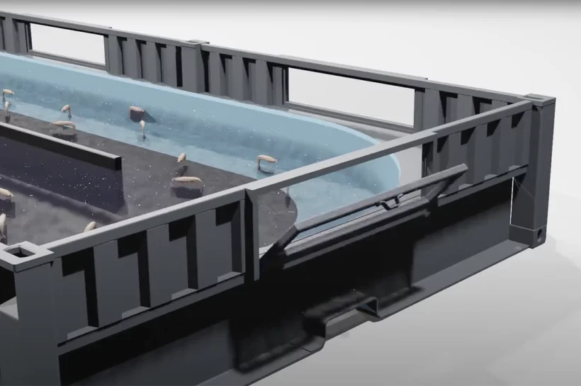 Computer generated image of a stackable shrimp aquaculture tray known as a raceway.