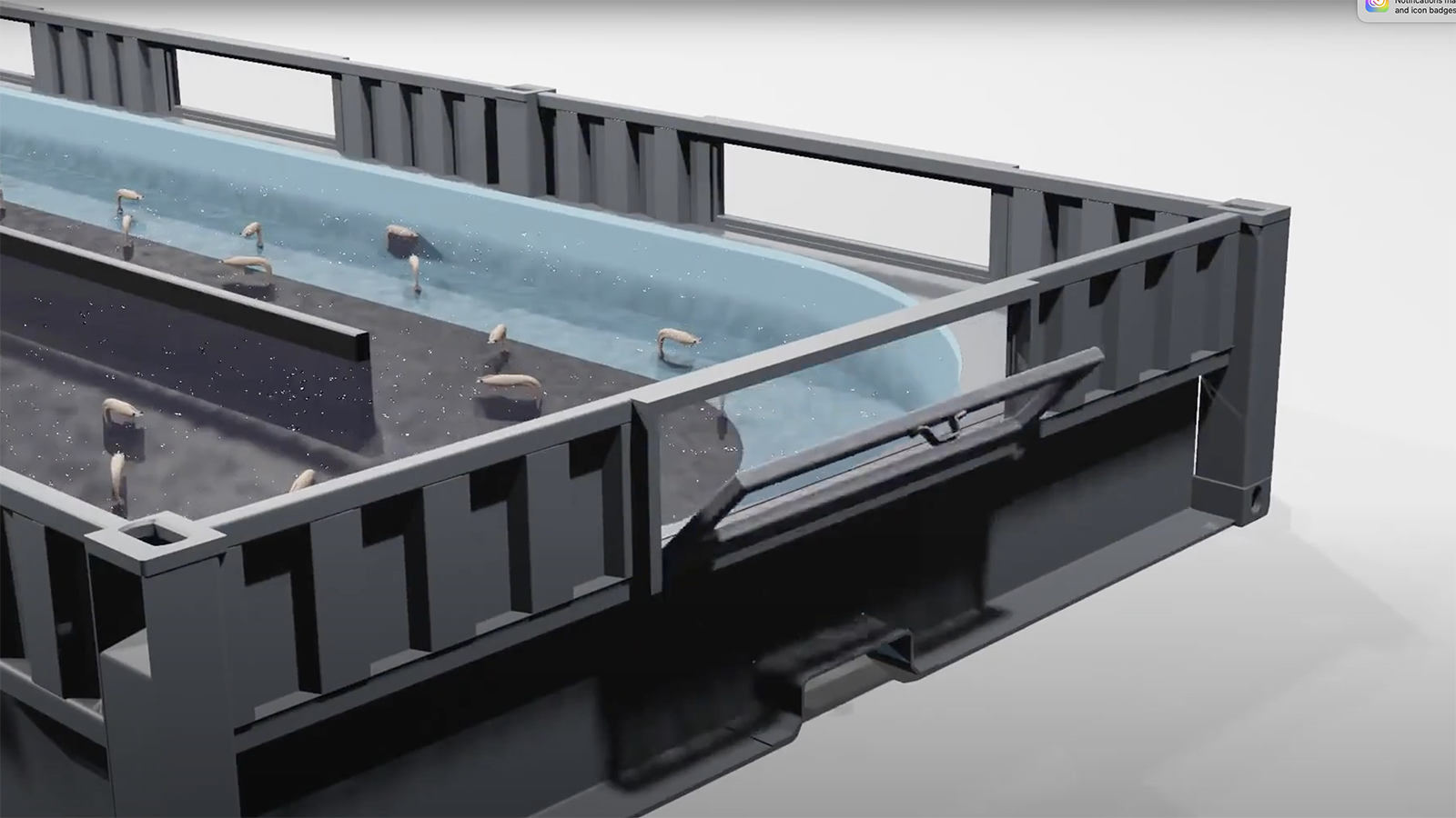 Computer generated image of a stackable shrimp aquaculture tray known as a raceway.