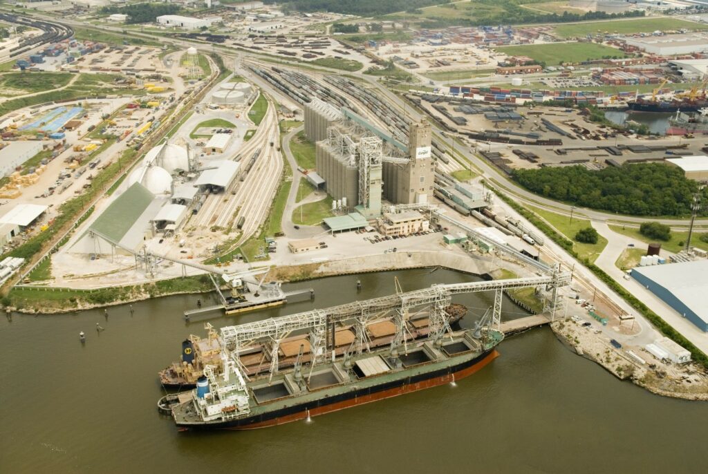 Arial view of a Cargill owned grain terminal at a Houston, Texas port.