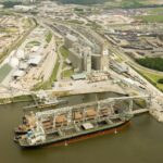 Arial view of a Cargill owned grain terminal at a Houston, Texas port.