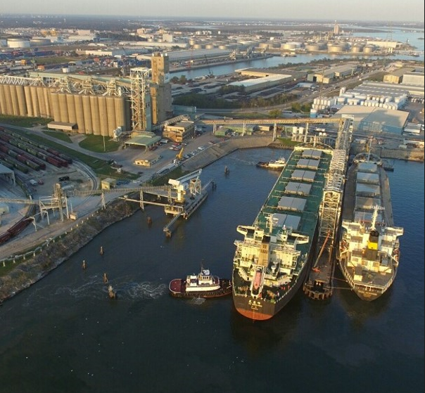 Arial view of a Cargill owned grain terminal at a Houston, Texas port.